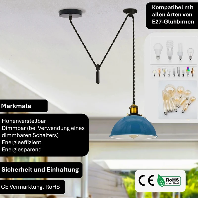 Hellblaue Pendelleuchte Flaschenzug Design–2m Kabel ~3063