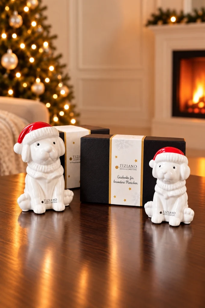 Deko Hund Rocky mit roter Mütze in Geschenkkarton