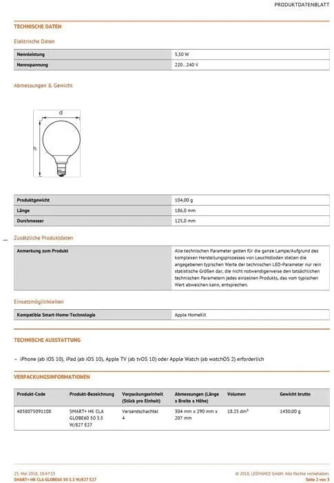 Osram Smart+ Filament Globe E27 5.5W dimmbar für Apple – Klar