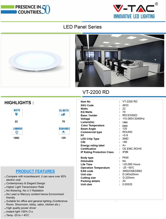 LED Panel 22W rund 22 cm – 6000K kaltweiß, 1980 lm, ohne Treiber