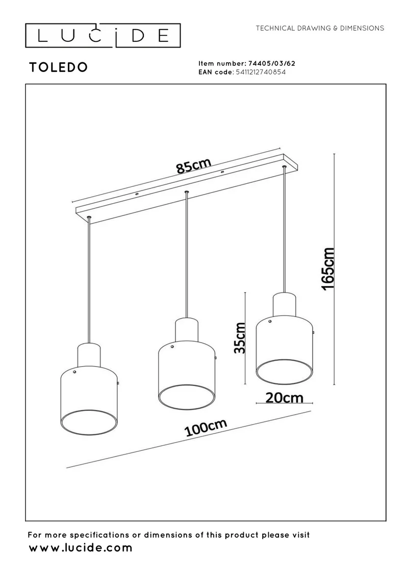 Pendelleuchte Toledo 3-flammig Glas Ø20cm höhenverstellbar Amber