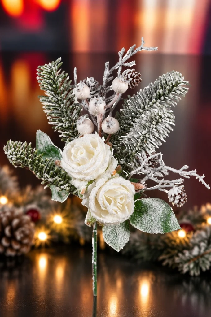 Deko Zweig Rose mit Schnee