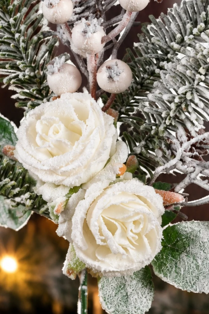Deko Zweig Rose mit Schnee