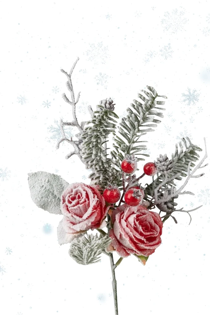 Deko Zweig Rose mit Schnee