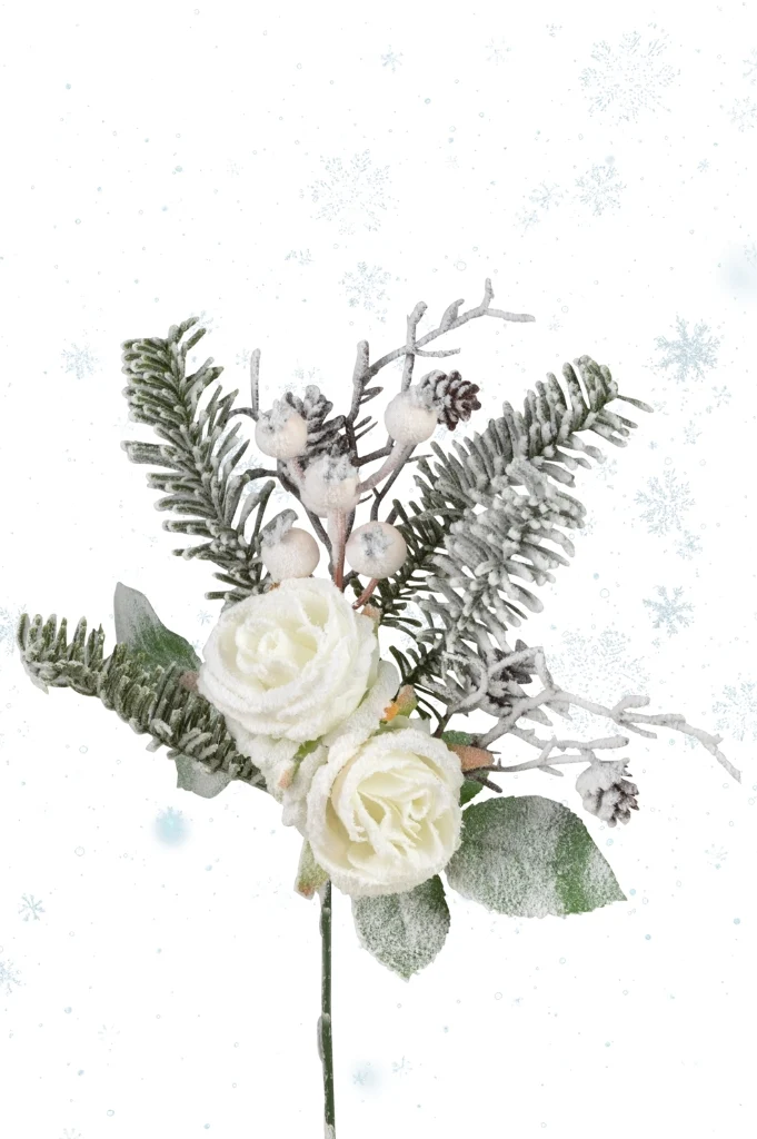 Deko Zweig Rose mit Schnee
