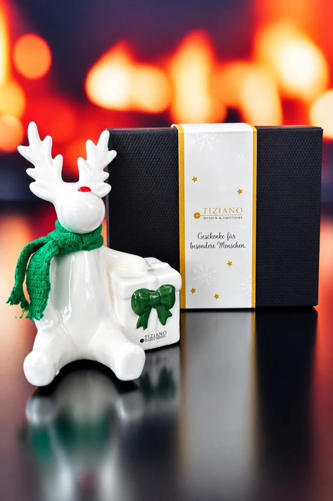 Deko Rentier Rudolph mit Geschenk grün in Geschenkbox