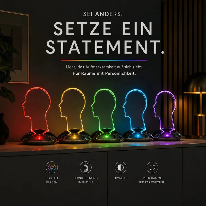 Sompex Head LED-Designlampe – Kopf-Skulptur aus Acrylglas, RGB, mit Fernbedienung