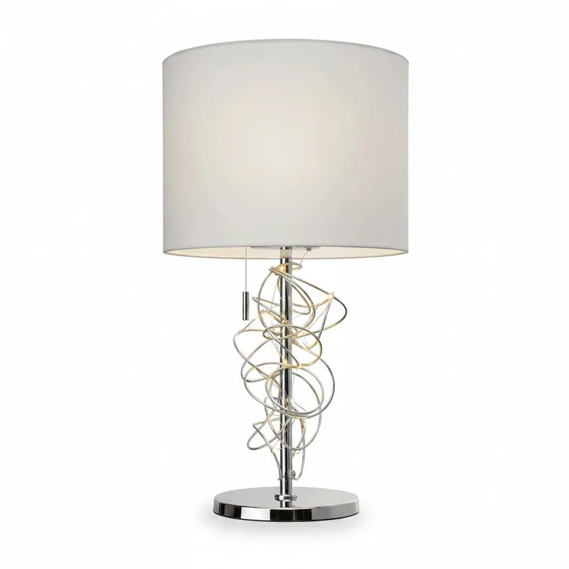 Sompex Jewel Tischlampe – LED-Leuchtdraht im Chromfuß, weißer Stoffschirm, E27