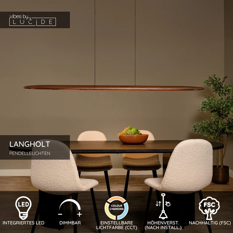 LED-Pendelleuchte Langholt dimmbar CCT Holz 180cm Natur