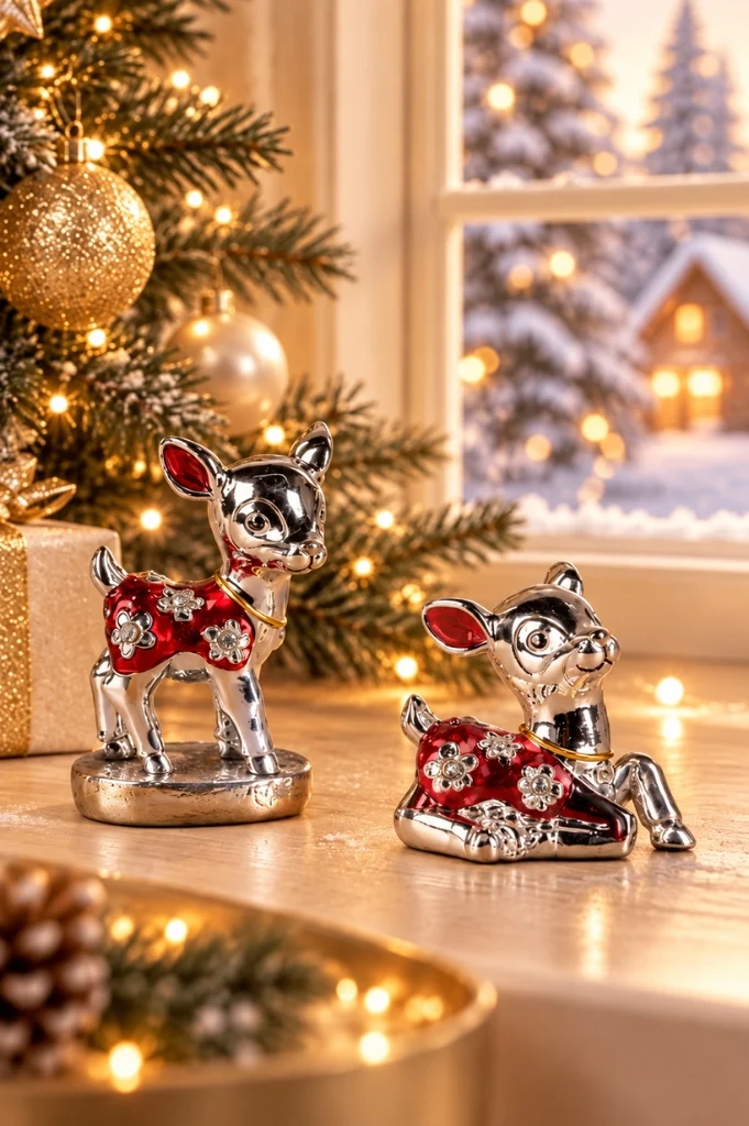 2er Set Deko Reh stehend+liegend pearl rot-silber