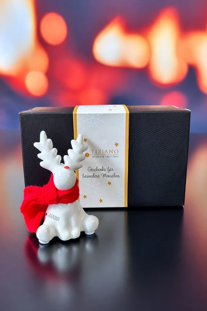 Deko Rentier Rudolph sitzend in Geschenkkarton
