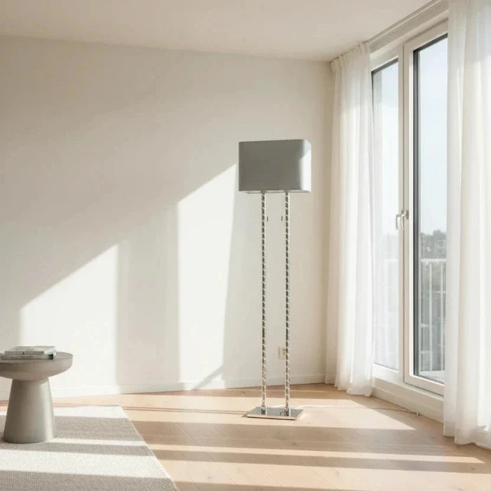 Design LED Stehlampe DOUBLE – Lichtsäule mit Stoffschirm Hellgrau, doppelt schaltbar von Sompex