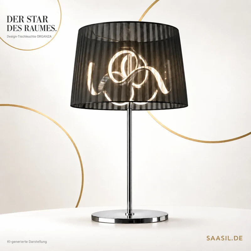 Sompex Organza LED-Tischlampe – schwarzer Plissee-Stoffschirm, Chrom, 62 cm