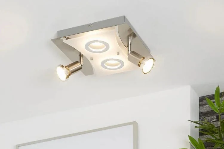 LED Deckenleuchte eckig mit Strahlern RIPOSO 4flg nickel matt