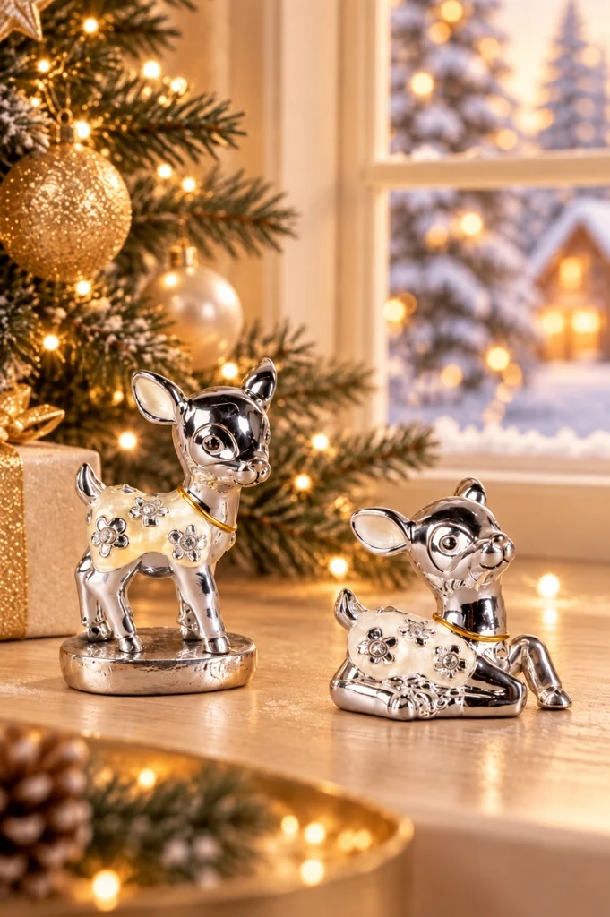 2er Set Deko Reh pearl creme-silber