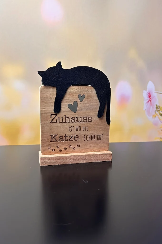 Deko Holzobjekt mit Metallkatze+Schrift