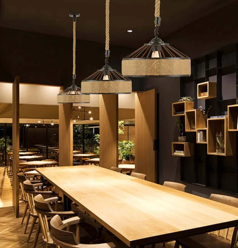 Lustre Plafonnier Suspension corde chanvre Rétro Lampe pour Restaurant