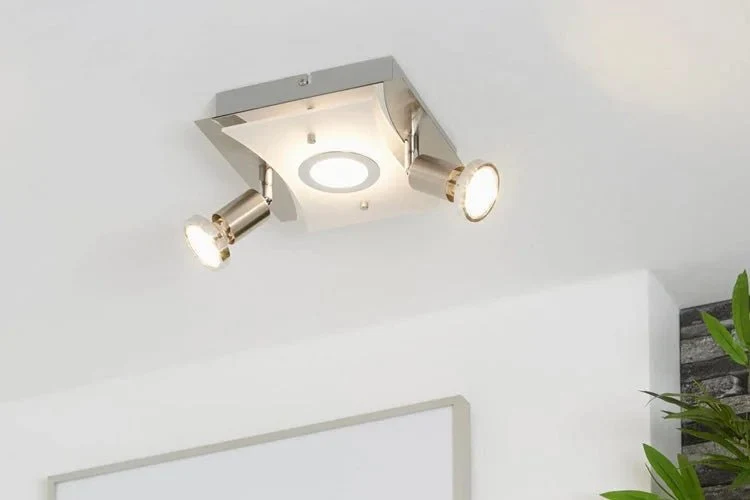 LED Deckenleuchte eckig mit Strahlern RIPOSO 3flg nickel matt