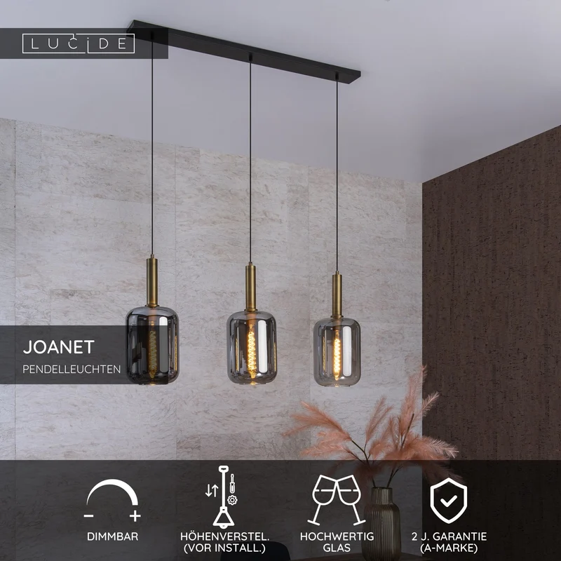 Pendelleuchte Joanet 3-flammig mit Schirm aus Glas
