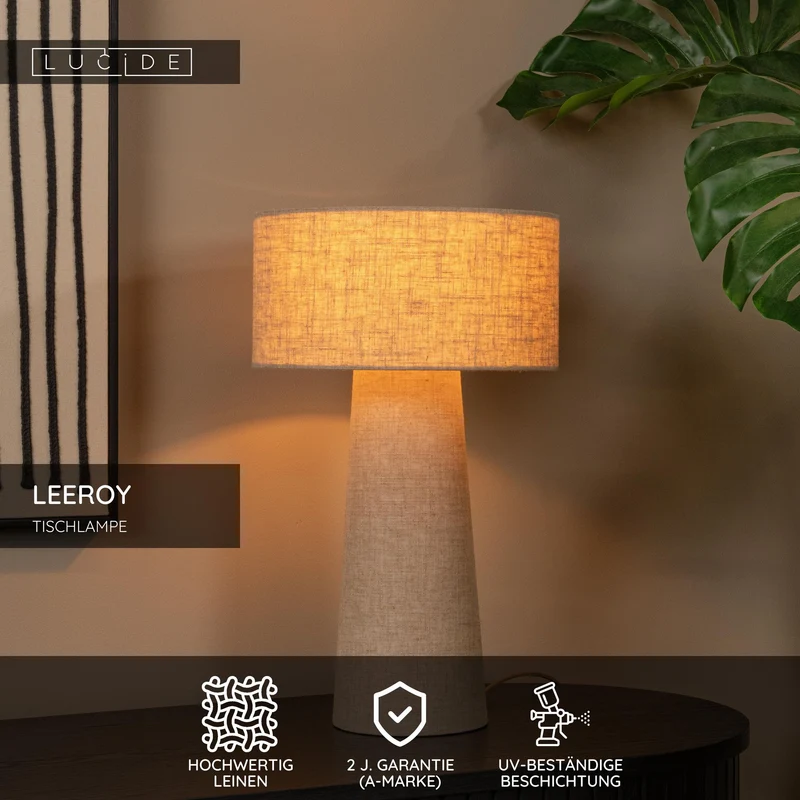 Tischleuchte Leeroy 1-flammig mit Leinenschirm Taupe 30cm