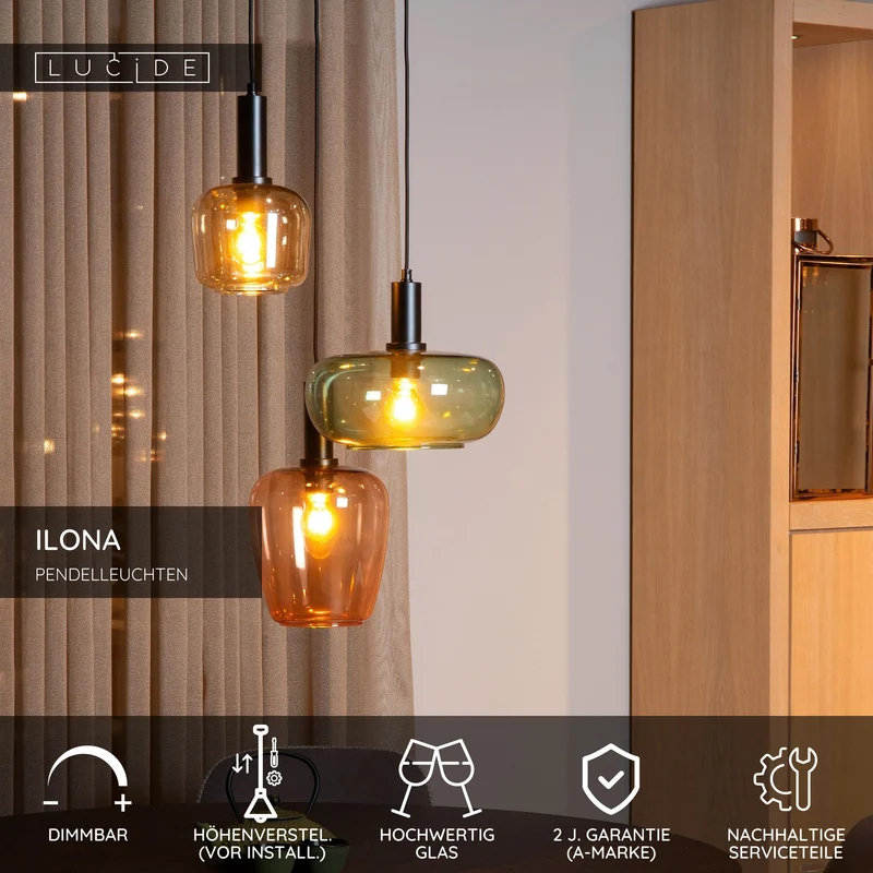 Pendelleuchte Ilona 3-flammig mit Schirm aus Glas rund