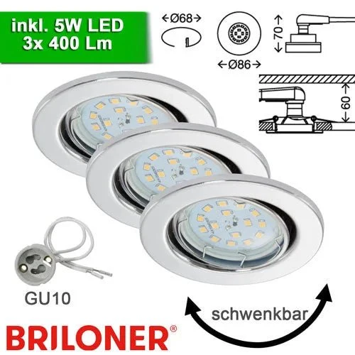 3er Set LED Einbaustrahler Chrom – schwenkbar, GU10, inkl. 5 W LED (230 V)