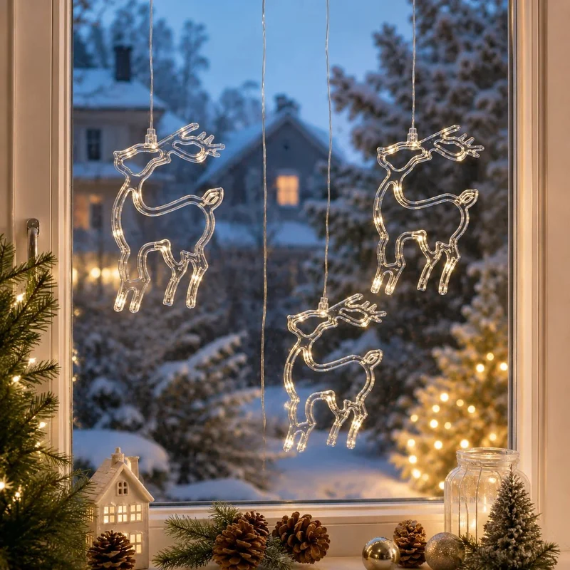 LED Fensterdeko Rentier / Hirsch – klar – warmweiß – 20 cm – 2×AA