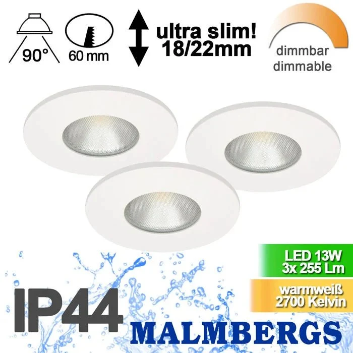 3er Set LED Einbau Spots weiß ultra slim dimmbar IP44 – Malmbergs MD-315 (13W)