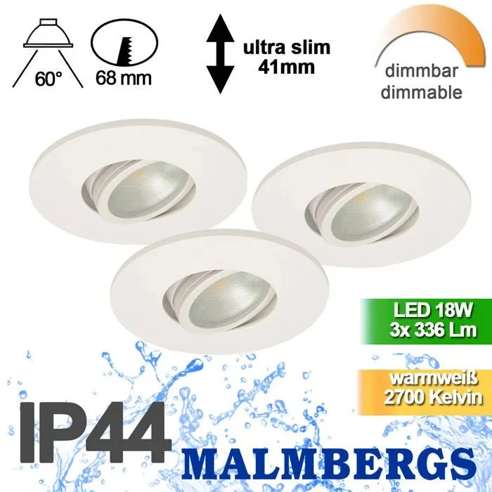 3er Set LED Einbaustrahler dimmbar & schwenkbar – IP44 – Weiß – Malmbergs MD-350