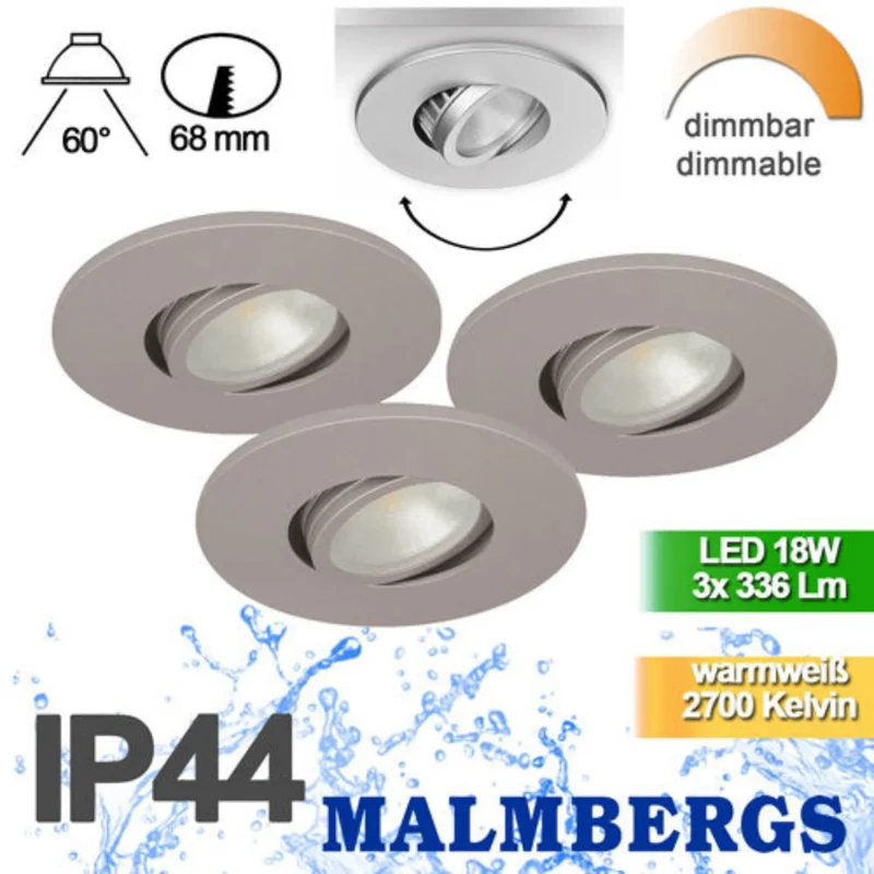 3er Set LED Einbaustrahler dimmbar schwenkbar silber matt IP44 – Malmbergs MD-350 Ultra Slim 68 mm