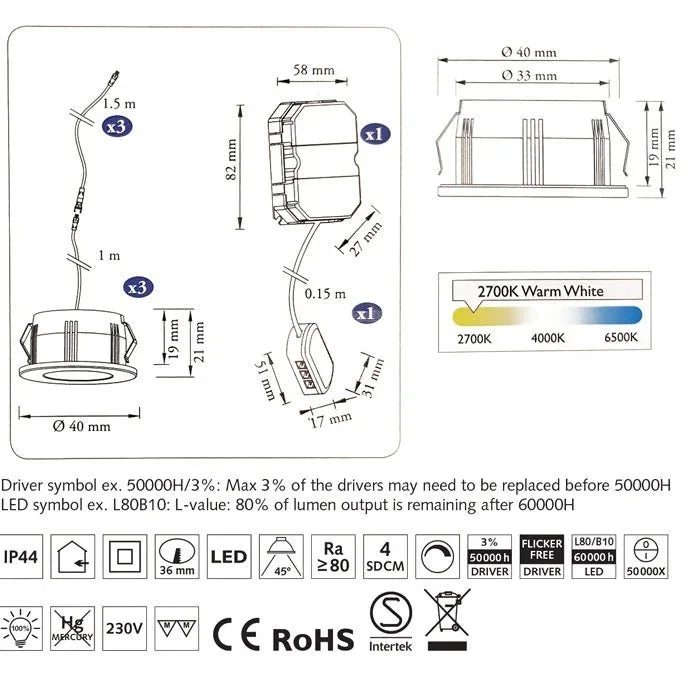 3er Set Mini LED Spots MD-29 – Einbau & Aufbau, dimmbar, IP44, nickel matt