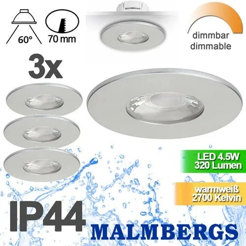 3er Set LED Einbaustrahler MD-881 – dimmbar, IP44, Ø 70 mm, warmweiß 2700 K, silber | Malmbergs