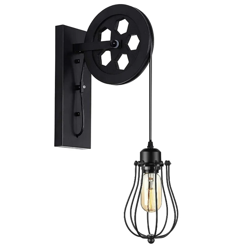 Vintage Wandlampe mit Riemenscheibe & Käfig-Schirm ~3171