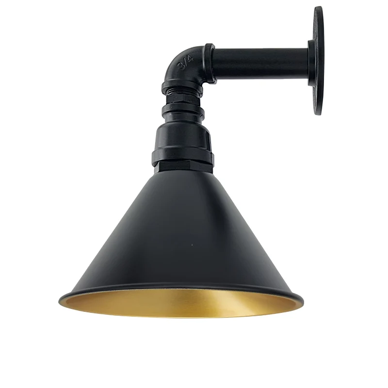 Vintage Wasserrohr-Wandleuchte, schwarz-goldener Kegelschirm~3020