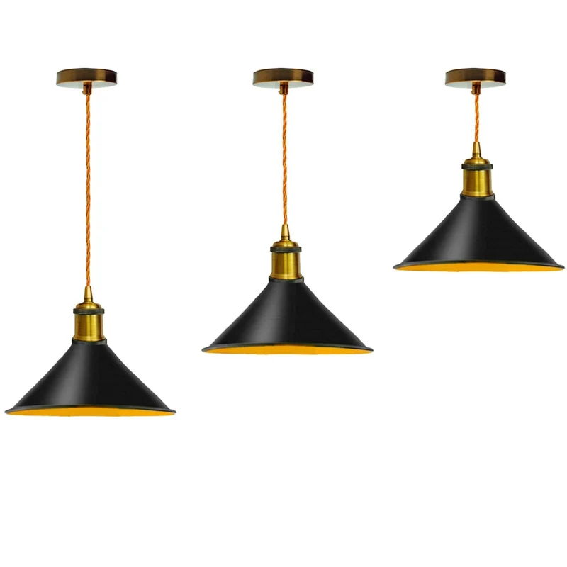 Schwarze Pendelleuchte mit goldenem Innenkegel~2930