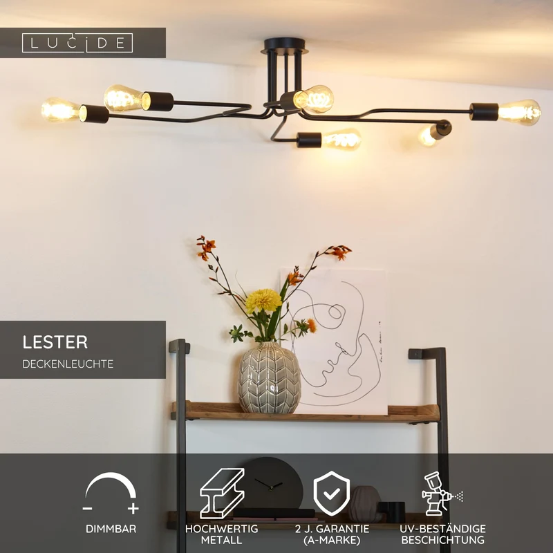 Deckenleuchte Lester 6-flammig deckennah Schwarz 75x100x20cm