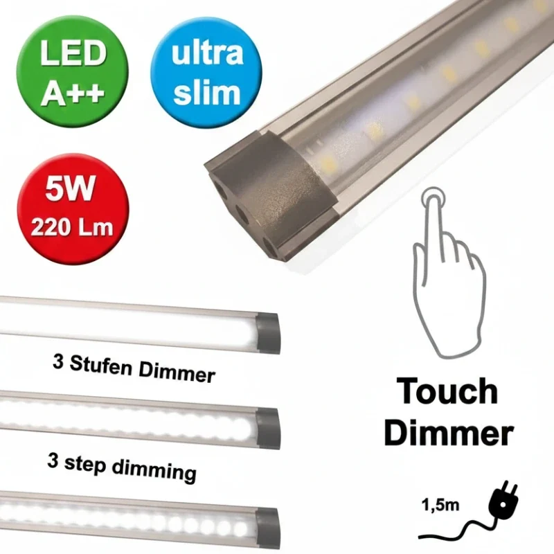 LED Lichtleiste 30 cm – ultra flach – 3-Stufen Touch-Dimmer – Unterbauleuchte