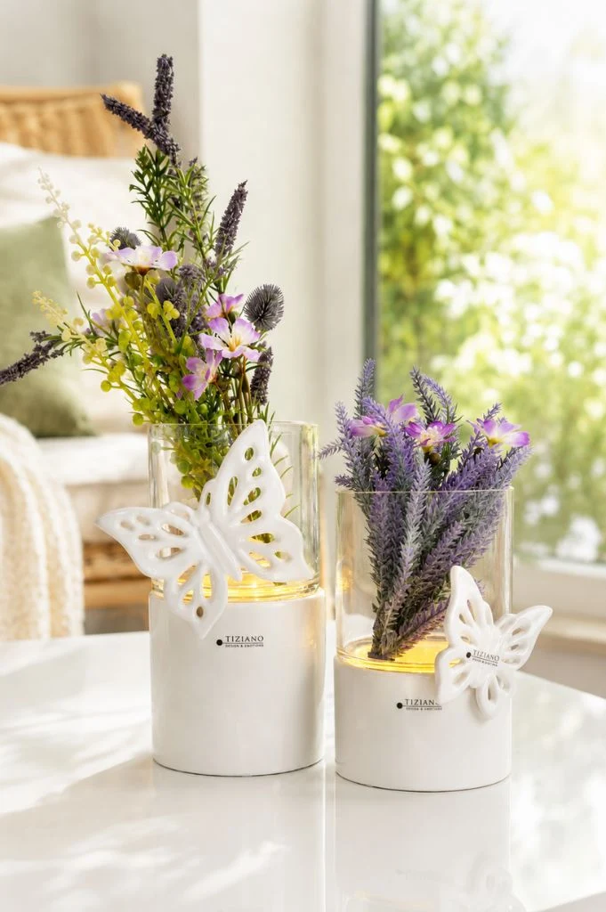 Windlicht Laterna LED mit Lavendel + Schmetterling Marilin