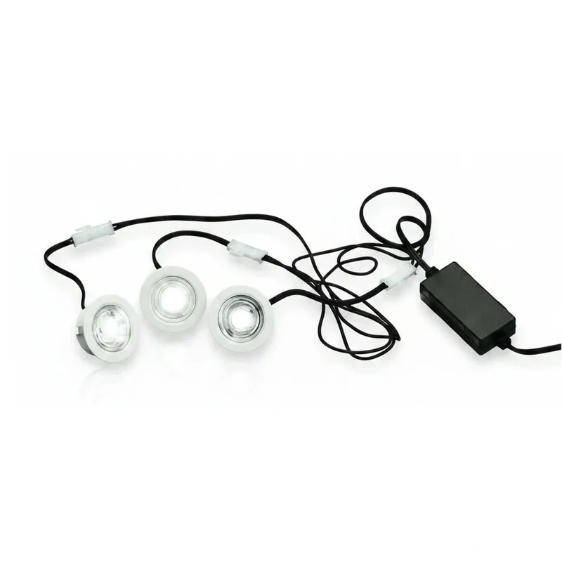 3er Set Mini LED Einbaustrahler 3×1 W kaltweiß – ultra flach – IP43 – inkl. Trafo