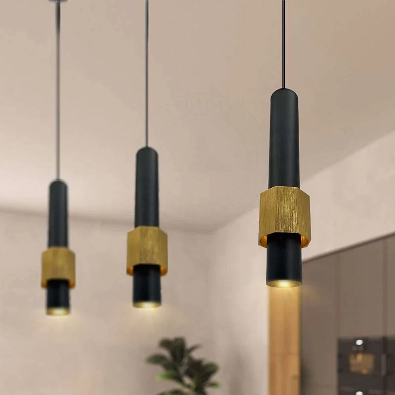 Moderne zylindrische LED-Deckenleuchte mit langen Röhren aus Aluminium in Schwarz und Gold~2604