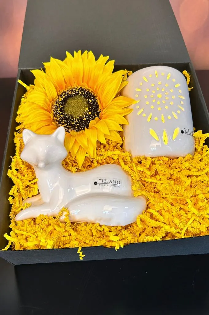 Geschenkbox Fuchs Marco liegend mit Sonnenblumen