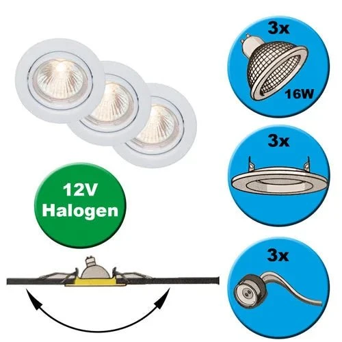 3er Set Einbaustrahler Ron weiß – schwenkbar, 12 V Halogen, inkl. Trafo (Brilliant)
