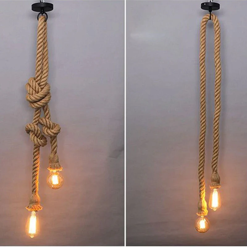 Hanfseil Hängelampe – Vintage 2m Hemp Doppelkopf Pendelhalter E27~2836