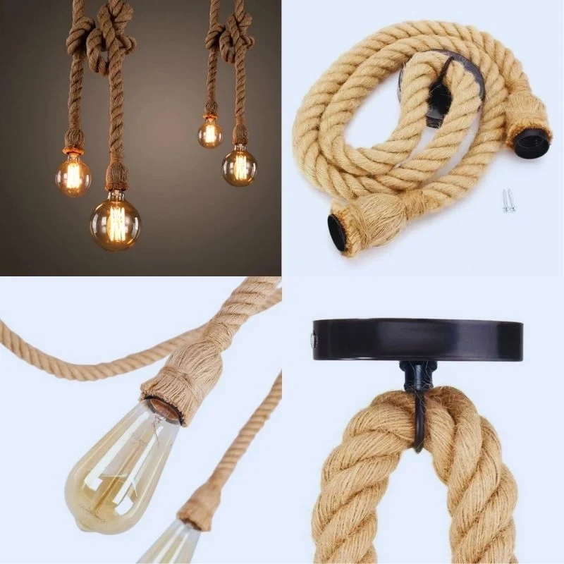 Hanfseil Hängelampe – Vintage 2m Hemp Doppelkopf Pendelhalter E27~2836