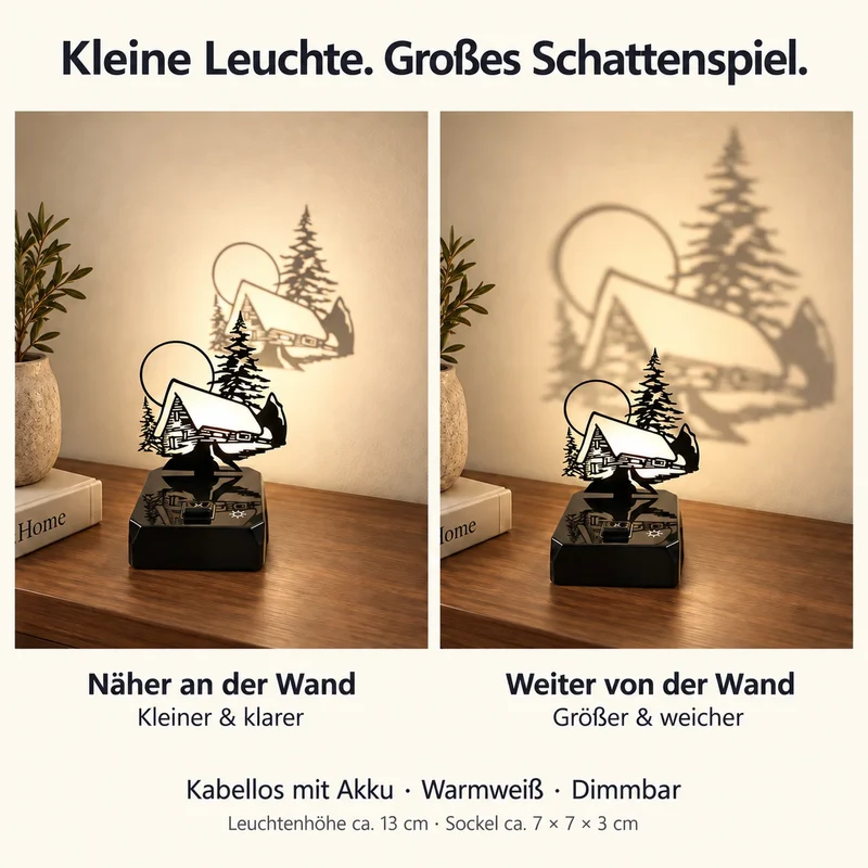 Sompex Shadow Winterlandschaft mit Hütte – LED-Schattenlampe mit Akku, dimmbar, 13 cm