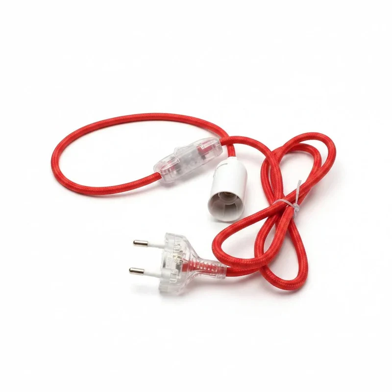 E14 Lampenfassung mit Schalter & Stecker – rotes Textilkabel – 1,5 m