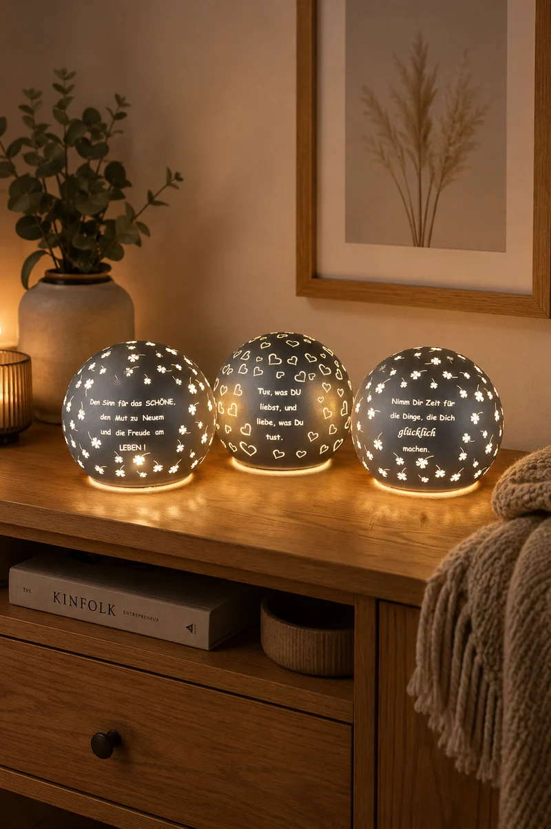 Deko Lichtkugel Cassano LED 10cm mit Sprüchen anthrazit
