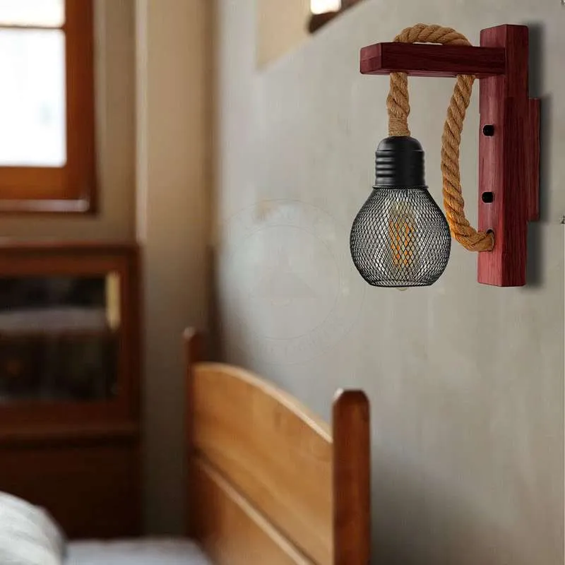 Vintage Wandlampe Holz Hanfseil Metallkäfig Wandleuchte ~2634