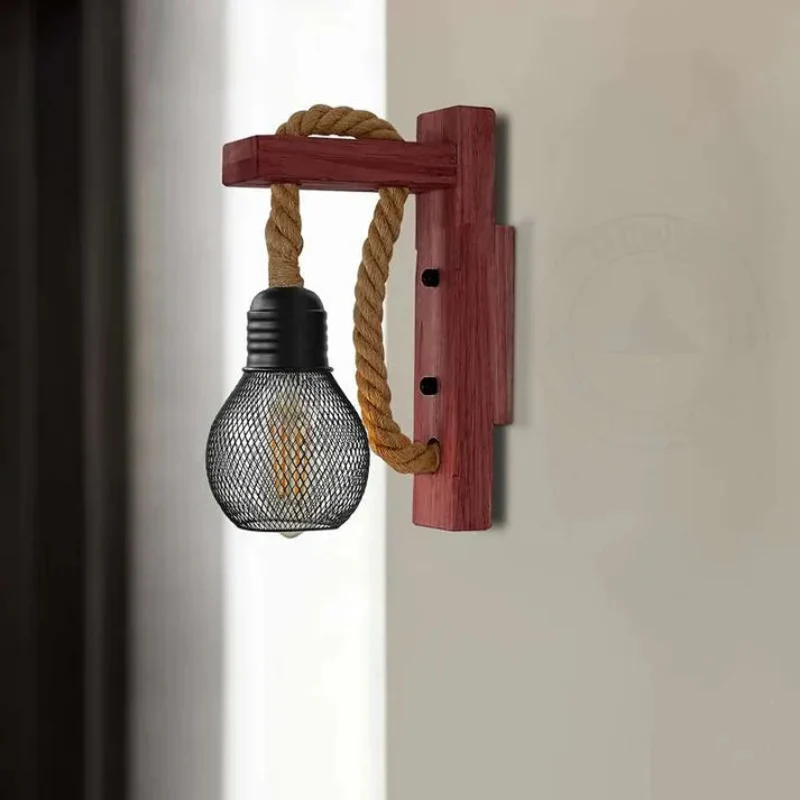 Vintage Wandlampe Holz Hanfseil Metallkäfig Wandleuchte ~2634