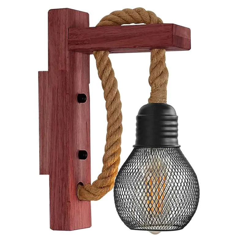 Vintage Wandlampe Holz Hanfseil Metallkäfig Wandleuchte ~2634
